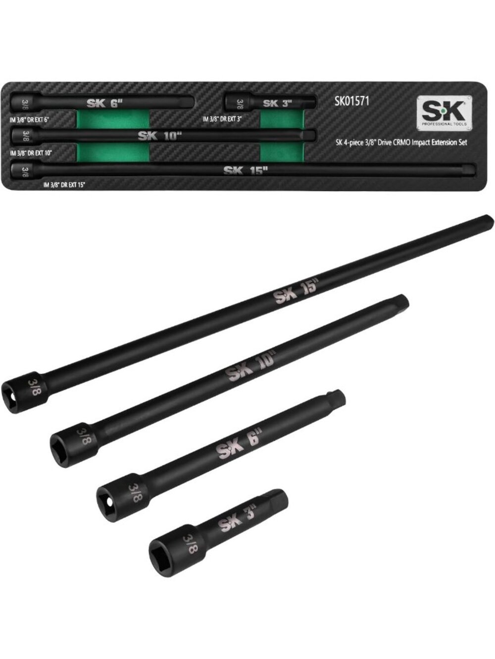 Impact Socket Extension Set - 3", 6", 10", 15" Cr-Mo Steel, 3/8" Drive Tool Kit